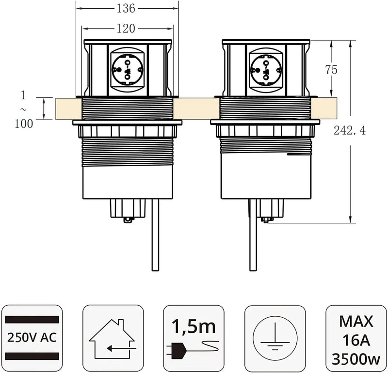 Versenkbare Tischsteckdose 4 Fach von Elbe Inno, mit Edelstahlabdeckung, 1,5 m Anschlusskabel, für Büro-, Arbeits- und Küchenflächen - EL10704M Elbe-Welt.de