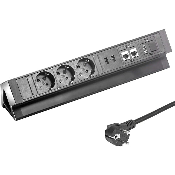 Elbe Inno Tischsteckdose EL4103URH 3 Fach, mit 2 USB, 2 RJ45, HDMI, klemmbare Mehrfachsteckdose mit Kindersicherheitsschutz aus Aluminium und flammhemmender Kunststoff, 1,5m Anschlusskabel, für Büro, Küche Elbe-Welt.de