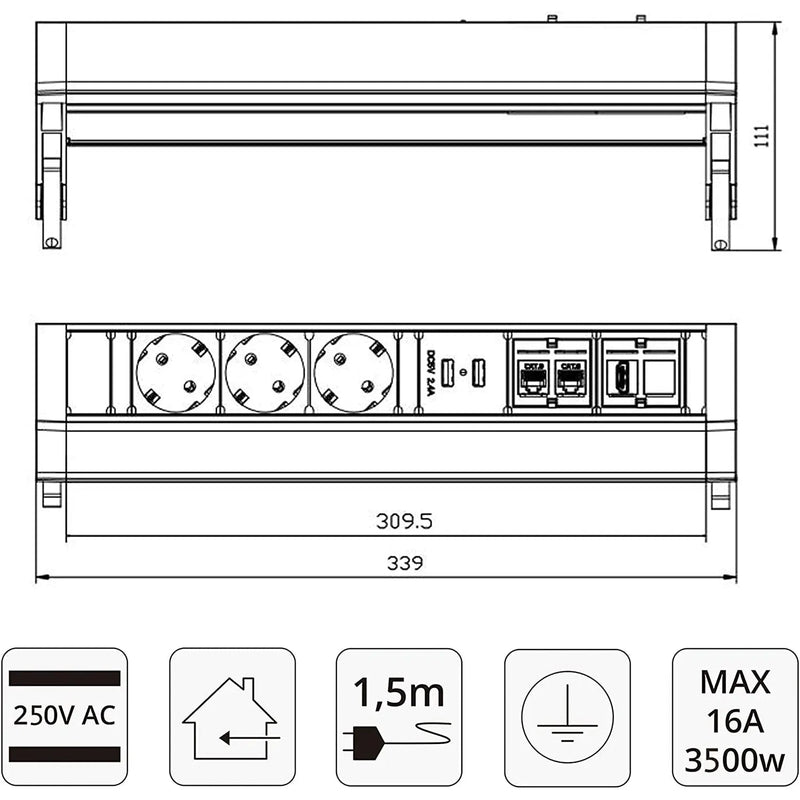 Elbe Inno Tischsteckdose EL4103URH 3 Fach, mit 2 USB, 2 RJ45, HDMI, klemmbare Mehrfachsteckdose mit Kindersicherheitsschutz aus Aluminium und flammhemmender Kunststoff, 1,5m Anschlusskabel, für Büro, Küche Elbe-Welt.de
