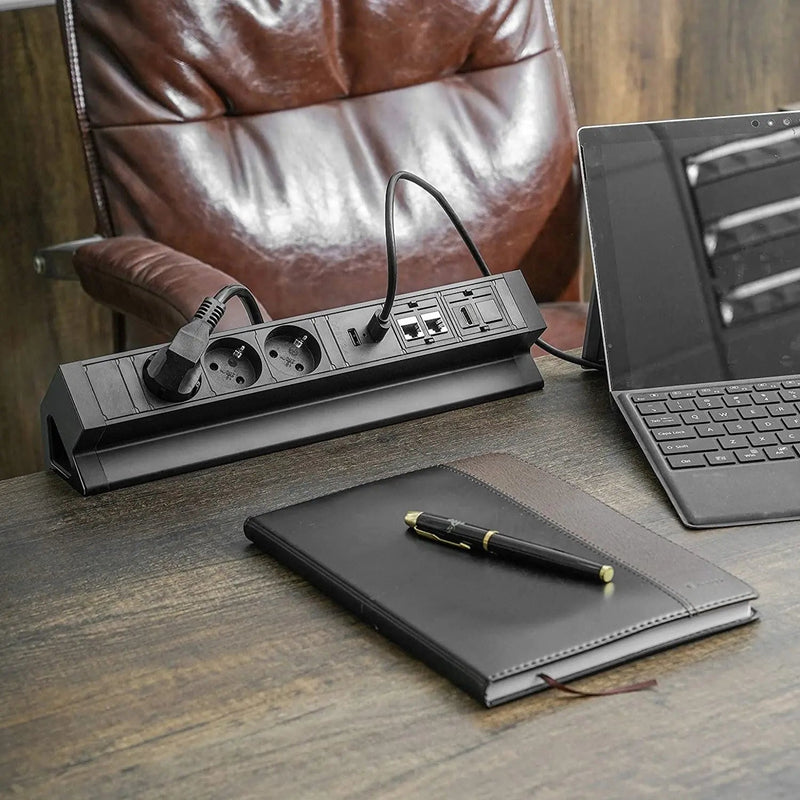 Elbe Inno Tischsteckdose EL4103URH 3 Fach, mit 2 USB, 2 RJ45, HDMI, klemmbare Mehrfachsteckdose mit Kindersicherheitsschutz aus Aluminium und flammhemmender Kunststoff, 1,5m Anschlusskabel, für Büro, Küche Elbe-Welt.de