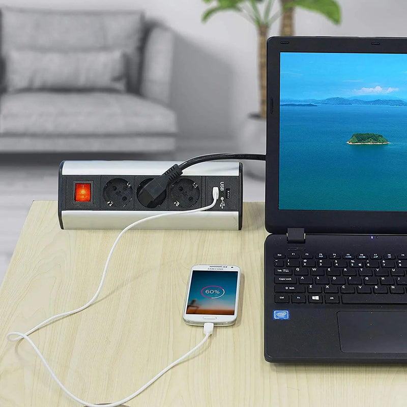 Elbe Inno Tischsteckdose 3 Fach mit Schalter, Horizontale Steckdosenleiste auf den Tisch 2 USB, Mehrfachsteckdose, Einbausteckdose, 1,5 m Anschlusskabel, für Büro, Werkstatt, Küche EL1403KU Elbe-Welt.de