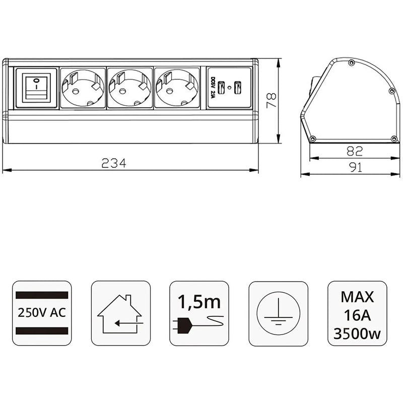 Elbe Inno Tischsteckdose 3 Fach mit Schalter, Horizontale Steckdosenleiste auf den Tisch 2 USB, Mehrfachsteckdose, Einbausteckdose, 1,5 m Anschlusskabel, für Büro, Werkstatt, Küche EL1403KU Elbe-Welt.de