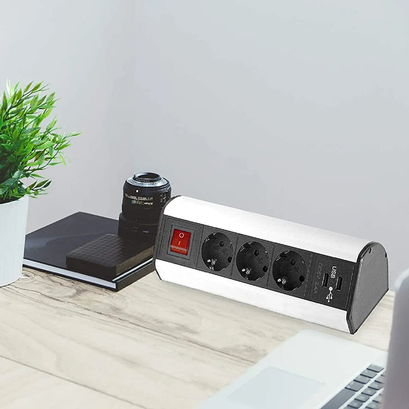 【B-WARE】Elbe Inno Tischsteckdose 3 Fach mit Schalter, Horizontale Steckdosenleiste auf den Tisch 2 USB, Mehrfachsteckdose, Einbausteckdose, 1,5 m Anschlusskabel, für Büro, Werkstatt, Küche EL1403KU Elbe-Welt.de