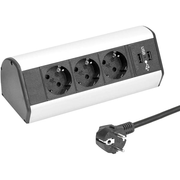 【B-WARE】Elbe Inno Tischsteckdose 3 Fach, Horizontale Steckdosenleiste auf den Tisch 2 USB, Mehrfachsteckdose, Einbausteckdose, 1,5 m Anschlusskabel, für Büro, Werkstatt, Küche EL1403U(B) Elbe-Welt.de