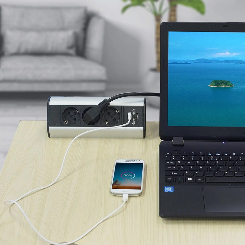 Elbe Inno Tischsteckdose 3 Fach, Horizontale Steckdosenleiste auf den Tisch 2 USB, Mehrfachsteckdose, Einbausteckdose, 1,5 m Anschlusskabel, für Büro, Werkstatt, Küche EL1403U Elbe-Welt.de