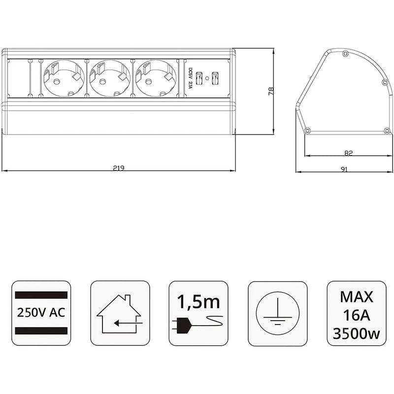 Elbe Inno Tischsteckdose 3 Fach, Horizontale Steckdosenleiste auf den Tisch 2 USB, Mehrfachsteckdose, Einbausteckdose, 1,5 m Anschlusskabel, für Büro, Werkstatt, Küche EL1403U Elbe-Welt.de