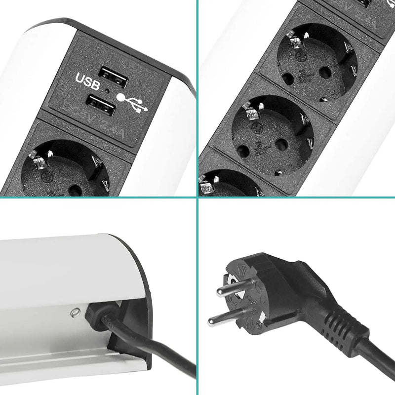 Elbe Inno Tischsteckdose 3 Fach, Horizontale Steckdosenleiste auf den Tisch 2 USB, Mehrfachsteckdose, Einbausteckdose, 1,5 m Anschlusskabel, für Büro, Werkstatt, Küche EL1403U Elbe-Welt.de