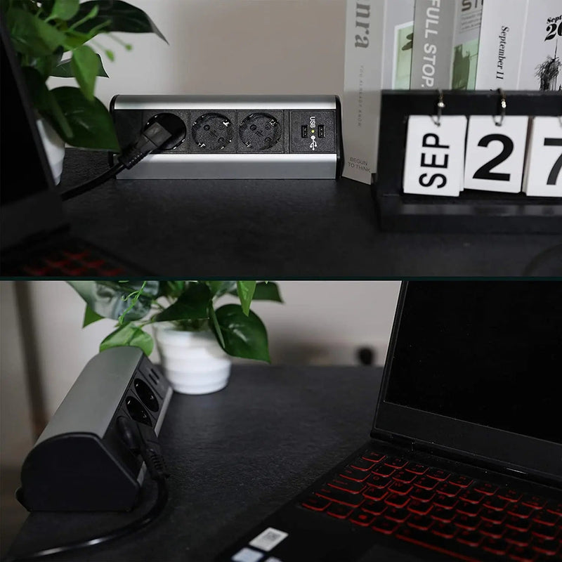 Elbe Inno Tischsteckdose 3 Fach, Horizontale Steckdosenleiste auf den Tisch 2 USB, Mehrfachsteckdose, Einbausteckdose, 1,5 m Anschlusskabel, für Büro, Werkstatt, Küche EL1403U Elbe-Welt.de