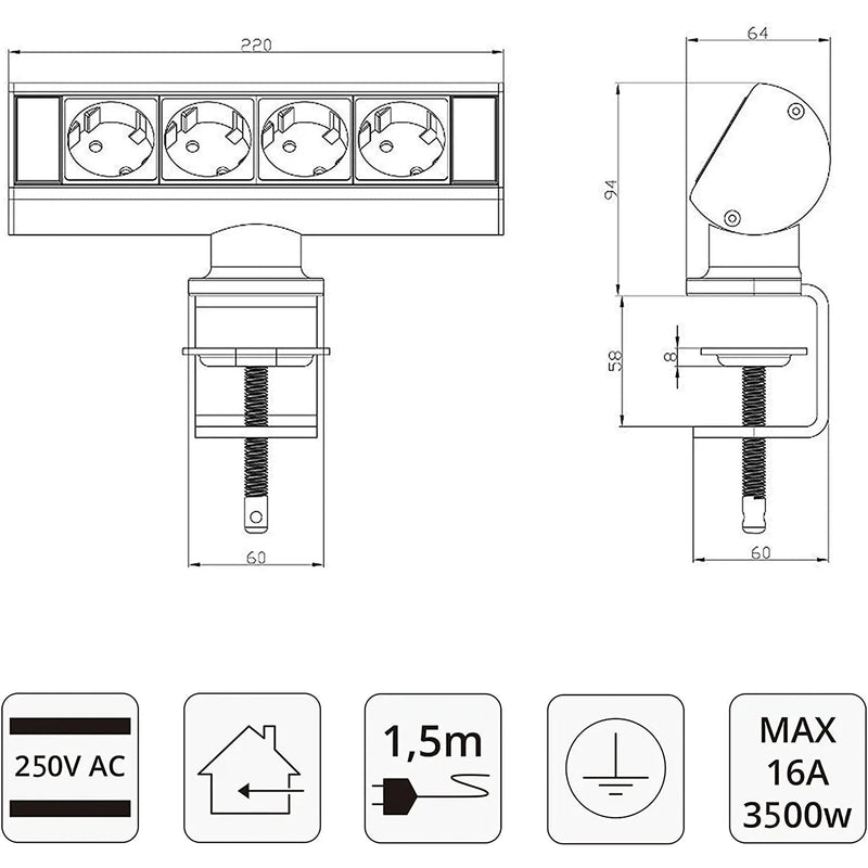 Elbe Inno klemmbare Tischsteckdosenleiste - EL10204 Elbe-Welt.de