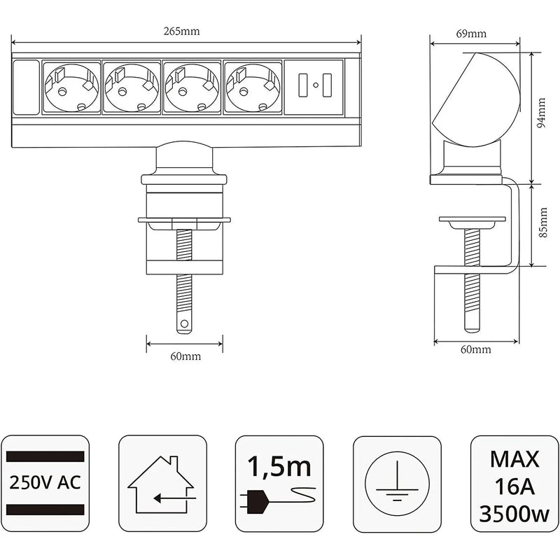 Elbe Inno klemmbare Tischsteckdosenleiste mit 2 x USB aus Aluminium - EL10204U Elbe-Welt.de