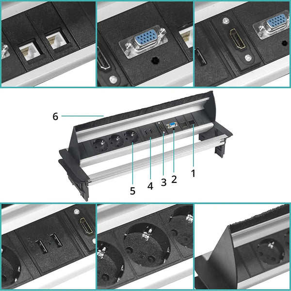 Tischsteckdose versenkbar, aus Aluminium von Elbe Inno, mit USB, HDMI, RJ45 mit VGA- und Netzwerkanschlüsse - EL4403A(B) Elbe-Welt.de