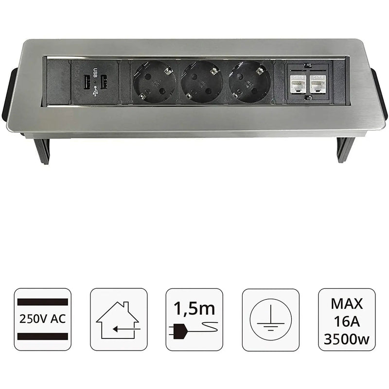 Elbe Presa a scomparsa 3 Prese Italia 2 USB 2 RJ45 Prese scomparsa per cucina in acciaio inox Multipresa da tavolo Multipresa a scomparsa Adatto per Ufficio Cucina e Piano di lavoro EL4703URM-IT Elbe-Welt.de