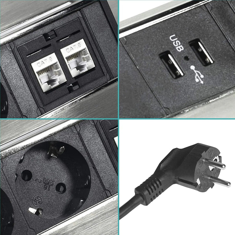 Elbe Presa a scomparsa 3 Prese Italia 2 USB 2 RJ45 Prese scomparsa per cucina in acciaio inox Multipresa da tavolo Multipresa a scomparsa Adatto per Ufficio Cucina e Piano di lavoro EL4703URM-IT Elbe-Welt.de