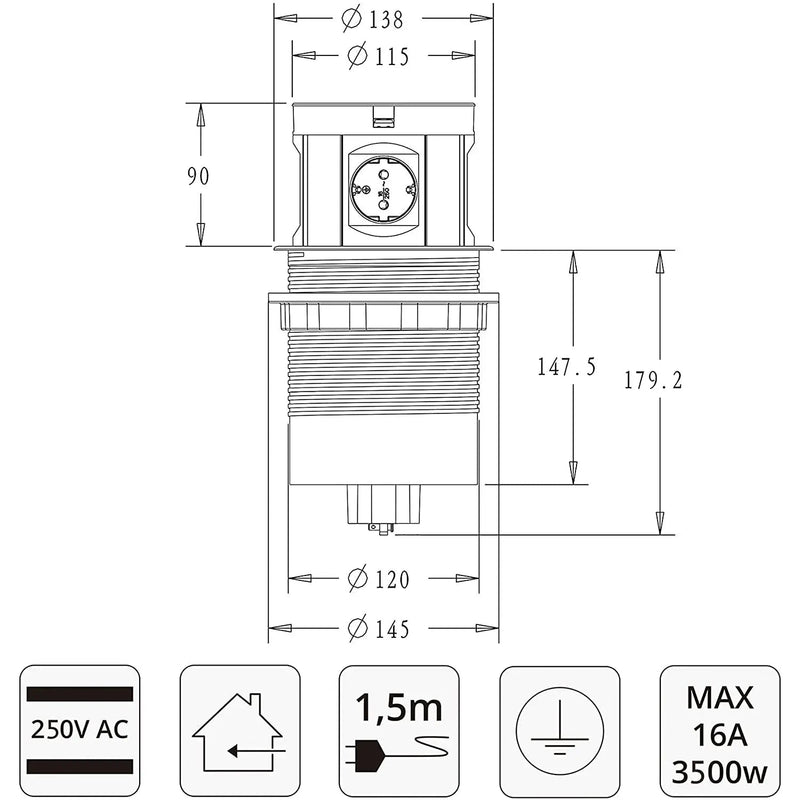 Tischsteckdose versenkbar von Elbe Inno, 2 x USB, 2 x RJ45, kabelloses Laden mit QI - EL10704UR Elbe-Welt.de