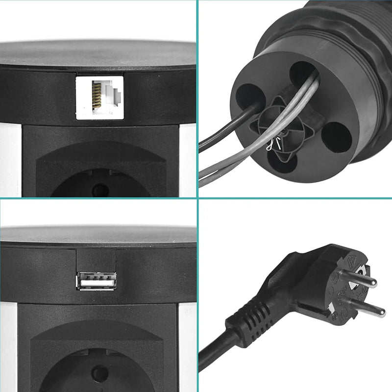 Tischsteckdose versenkbar von Elbe Inno, 2 x USB, 2 x RJ45, kabelloses Laden mit QI - EL10704UR Elbe-Welt.de