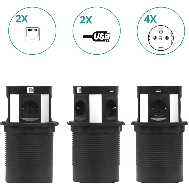 Tischsteckdose versenkbar von Elbe Inno, 2 x USB, 2 x RJ45, kabelloses Laden mit QI - EL10704UR Elbe-Welt.de