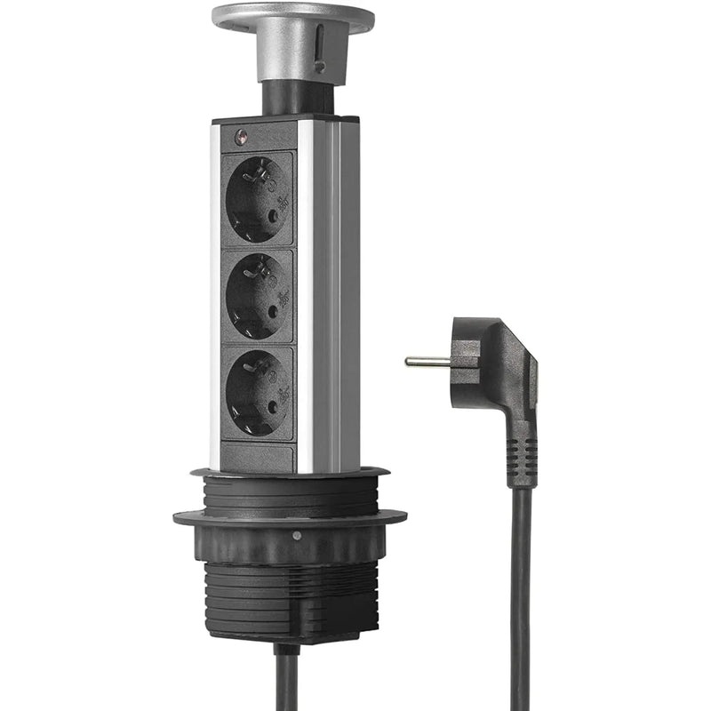 Tischsteckdose versenkbar aus Aluminium, 3 Steckfächer, von Elbe Inno - EL1803S(B) Elbe-Welt.de