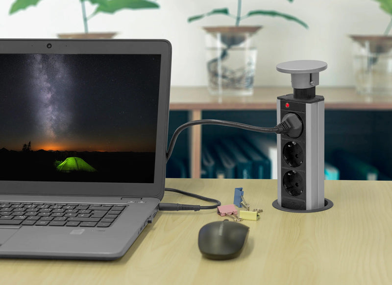 Tischsteckdose versenkbar aus Aluminium, 3 Steckfächer, von Elbe Inno - EL1803S(B) Elbe-Welt.de