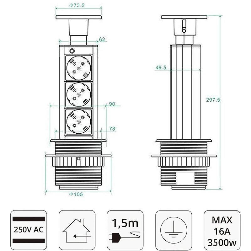 Tischsteckdose versenkbar aus Aluminium, 3 Steckfächer, von Elbe Inno - EL1803S(B) Elbe-Welt.de