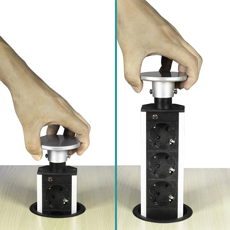 Tischsteckdose versenkbar aus Aluminium, 3 Steckfächer, von Elbe Inno - EL1803S(B) Elbe-Welt.de