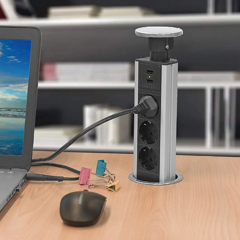 Tischsteckdosenleiste von Elbe Inno mit Edelstahlabdeckung, versenkbar, mit 2 x USB -EL1803UM(B) Elbe-Welt.de