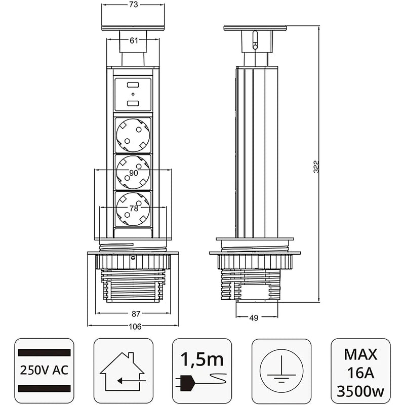 Tischsteckdosenleiste von Elbe Inno mit Edelstahlabdeckung, versenkbar, mit 2 x USB -EL1803UM(B) Elbe-Welt.de