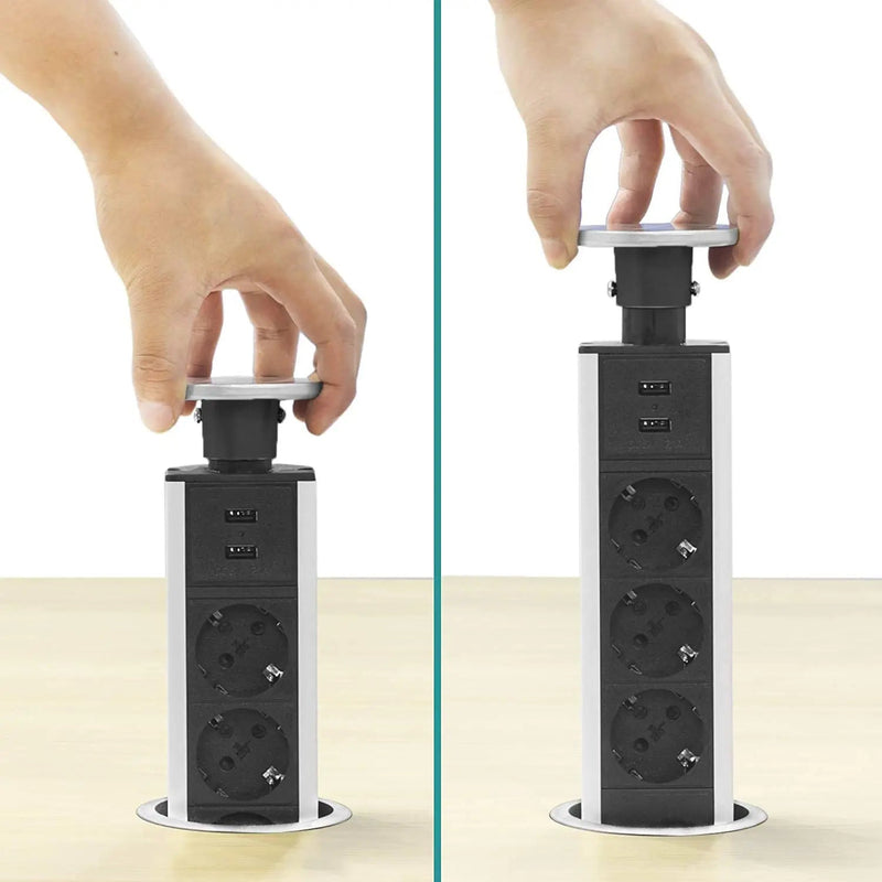 Tischsteckdosenleiste von Elbe Inno mit Edelstahlabdeckung, versenkbar, mit 2 x USB -EL1803UM(B) Elbe-Welt.de