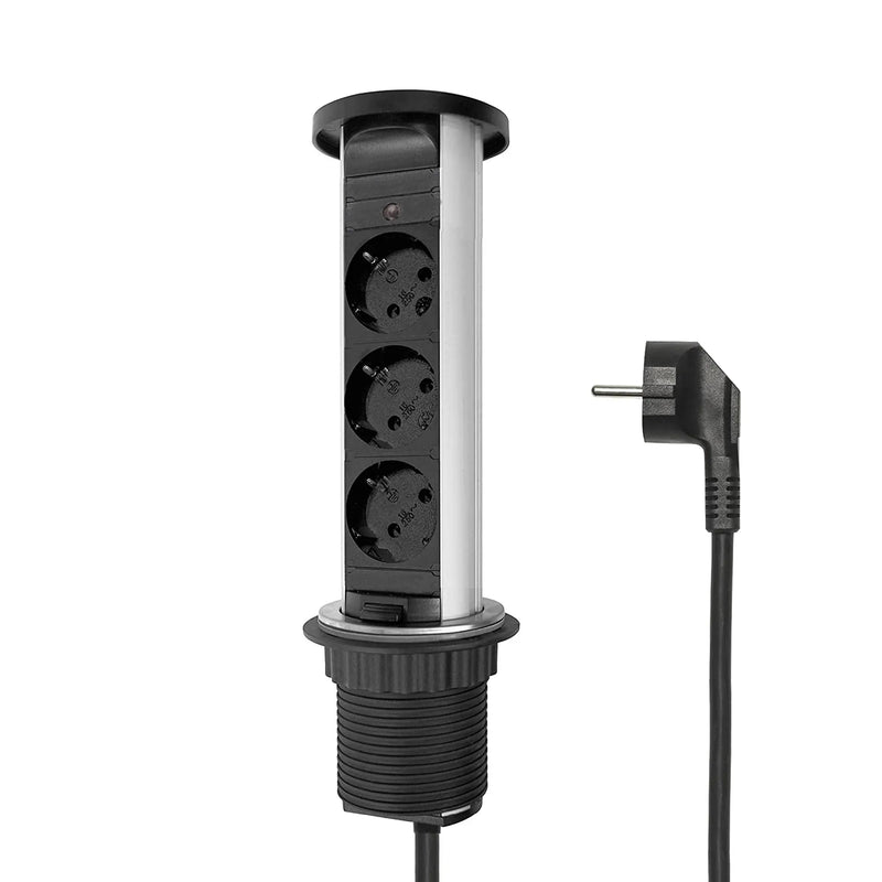 【B-WARE】Elbe Inno versenkbare Tischsteckdose 3 Fach, wassergeschützte Tischsteckdoseleiste mit Kindersicherung, Einbausteckdose mit 1,5m Anschlusskabel, Steckdosenleiste, ideal für Büro, Küche und Werkstatt Elbe-Welt.de