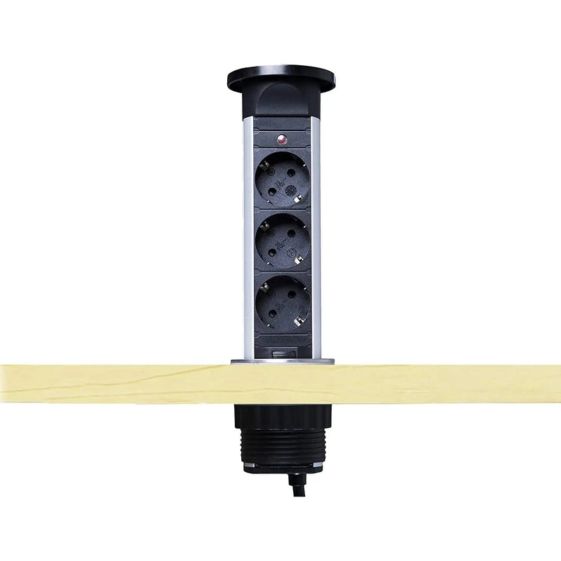 【B-WARE】Elbe Inno versenkbare Tischsteckdose 3 Fach, wassergeschützte Tischsteckdoseleiste mit Kindersicherung, Einbausteckdose mit 1,5m Anschlusskabel, Steckdosenleiste, ideal für Büro, Küche und Werkstatt Elbe-Welt.de