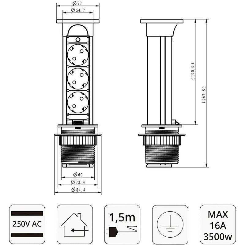 【B-WARE】Elbe Inno versenkbare Tischsteckdose 3 Fach, wassergeschützte Tischsteckdoseleiste mit Kindersicherung, Einbausteckdose mit 1,5m Anschlusskabel, Steckdosenleiste, ideal für Büro, Küche und Werkstatt Elbe-Welt.de