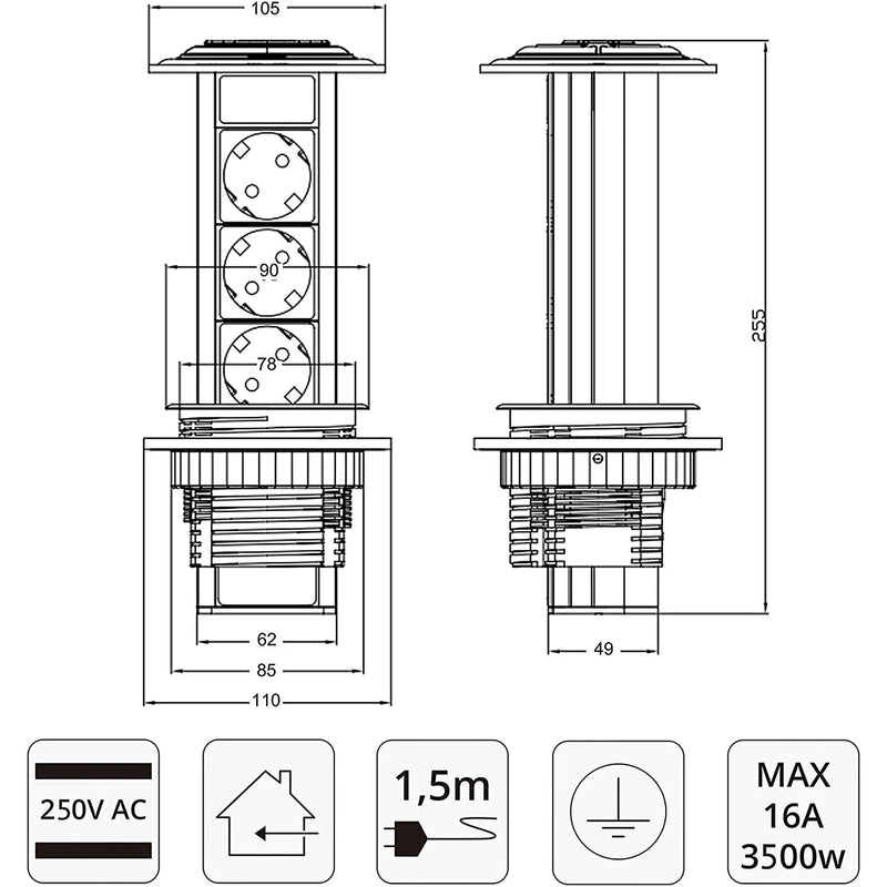 Tischsteckdose versenkbar, aus Aluminium von Elbe Inno, wassergeschützt - EL1803W Elbe-Welt.de