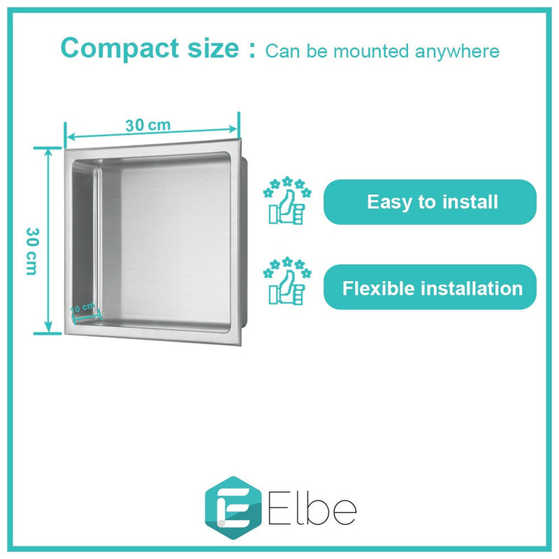 Elbe® Wandnische, Duschnische, Nische aus gebürstetem Edelstahl 304, quadratisch 30x30x10 cm, leicht zu reinigen RN-WN01 Elbe-Welt.de