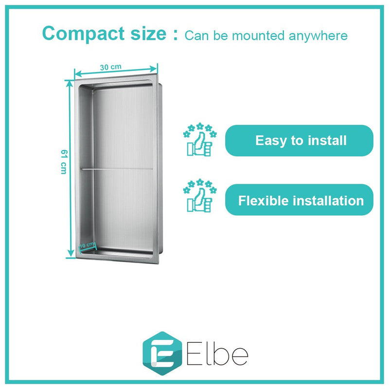 Elbe® Wandnische, Duschnische, Nische aus gebürstetem Edelstahl 304, quadratisch 30x61x10 cm, leicht zu reinigen RN-WN03 Elbe-Welt.de