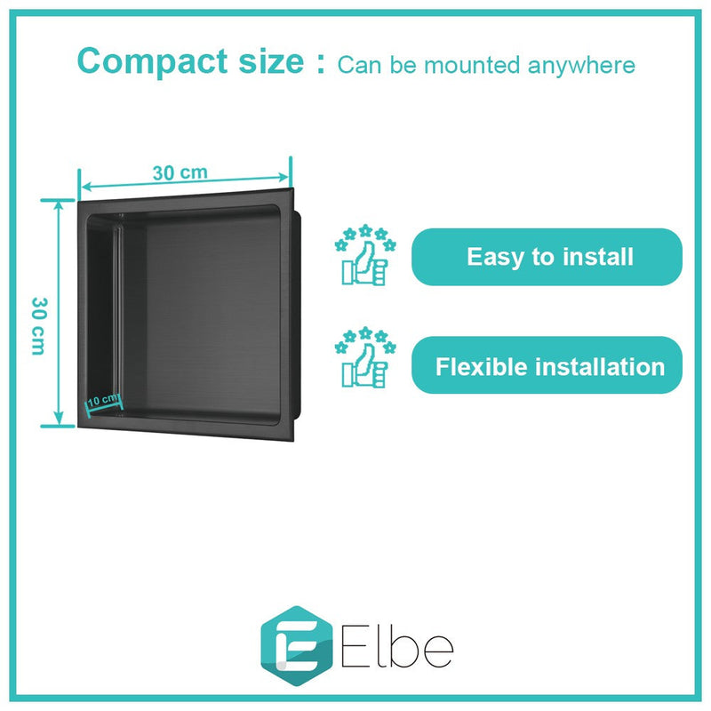 Elbe® Wandnische, Duschnische, Schwarze Edelstahl 304 Nische, quadratisch 30x30x10 cm, leicht zu reinigen RN-WN02 Elbe-Welt.de