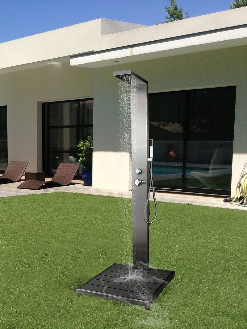 Gartendusche Bodenplatte mit Abfluss von ELBE®, Edelstahlrahmen, Gummifuß-Erhöhung, rutschhemmender Oberfläche, WPC Outdoor-Bodenplatte