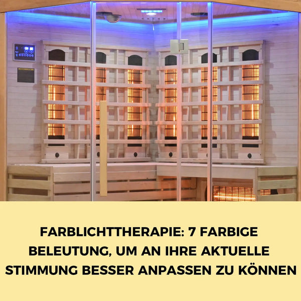 Infrarotkabine "HYGGE" für 3-5 Personen von ELBE® Infrarotsauna aus Hemlockholz, 8 Vollspektrumstrahler, 1 Glimmerstrahler, Innensauna mit Farblichtherapie, Ionisator und Audio-System, Wärmekabine-SA-3A Elbe-Welt.de