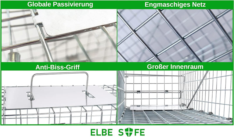 Elbe Safe Lebendfalle, Marderfalle, Katzefalle, Hundefalle, 109 x 44 x 46 cm, wetterfest, leicht zu reinigen, sicher für Kinder und Haustiere- MAF05-v3 Elbe-Welt.de