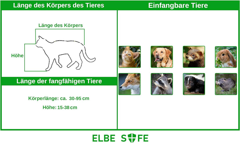 Elbe Safe Lebendfalle, Marderfalle, Katzefalle, Hundefalle, 109 x 44 x 46 cm, wetterfest, leicht zu reinigen, sicher für Kinder und Haustiere- MAF05-v3 Elbe-Welt.de