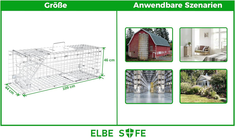 Elbe Safe Lebendfalle, Marderfalle, Katzefalle, Hundefalle, 109 x 44 x 46 cm, wetterfest, leicht zu reinigen, sicher für Kinder und Haustiere- MAF05-v3 Elbe-Welt.de