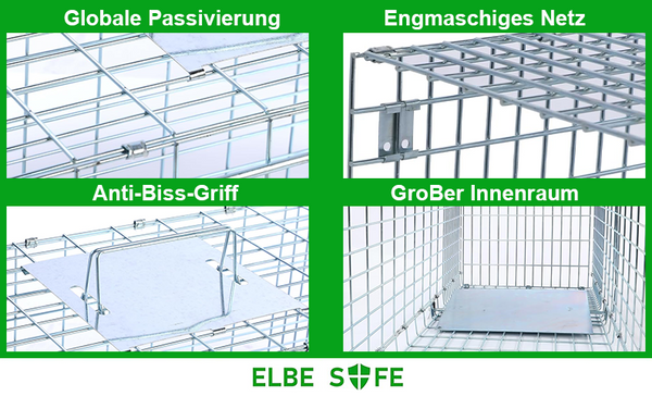 Elbe Safe Lebendfalle, Marderfalle, Katzefalle, Hundefalle, 80 x 29 x 32 cm, wetterfest, leicht zu reinigen, sicher für Kinder und Haustiere- MAF06 Elbe-Welt.de