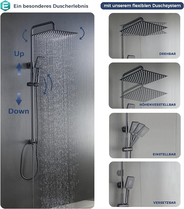 ELBE Regendusche, schwarzes Duschsystem mit 304 Edelstahl großer quadratischer Duschkopf 30cm, 3 Strahlarten Handbrause, wassersparend, schwarz… Elbe-Welt.de