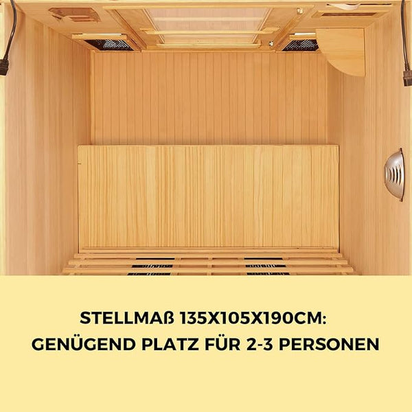 Elbe Infrarotkabine Lagom für 2-3 Personen aus Hemlockholz, 6 Vollspektrumstrahler, 1 Carbonstrahler, Saunakabine mit Farblichtherapie, Ionisator und Audio System, 135x120x190 cm SA-2AB Elbe-Welt.de