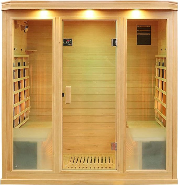 Infrarotkabine "Sällskaplig" für 4 Personen von ELBE® Infrarotsauna aus Hemlockholz, 8 Vollspektrumstrahler, 2 Glimmerstrahler, Innensauna mit Farblichttherapie, Ionisator, Audio-System - Wärmekabine SA-4Ag Elbe-Welt.de