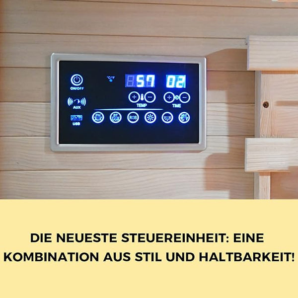 Infrarotkabine "Sällskaplig" für 4 Personen von ELBE® Infrarotsauna aus Hemlockholz, 8 Vollspektrumstrahler, 2 Glimmerstrahler, Innensauna mit Farblichttherapie, Ionisator, Audio-System - Wärmekabine SA-4Ag Elbe-Welt.de