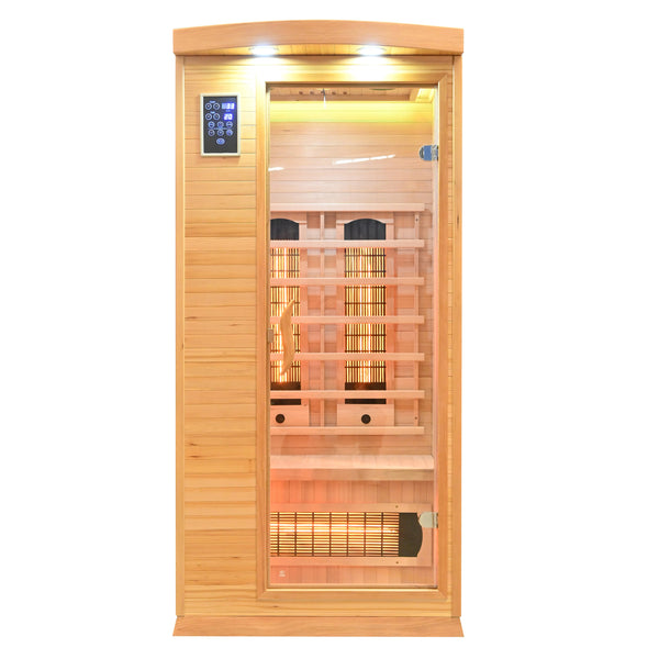 Infrarotkabine "Kalsarikänni" für 1 Person, Infrarotsauna aus Hemlockholz, 4 Vollspektrumstrahler, 1 Glimmerstrahler, Saunakabine mit Farblichtherapie, Ionisator und Audio System, Innensauna für Indoor-Wellness- Wärmekabine SA-1A Elbe-Welt.de