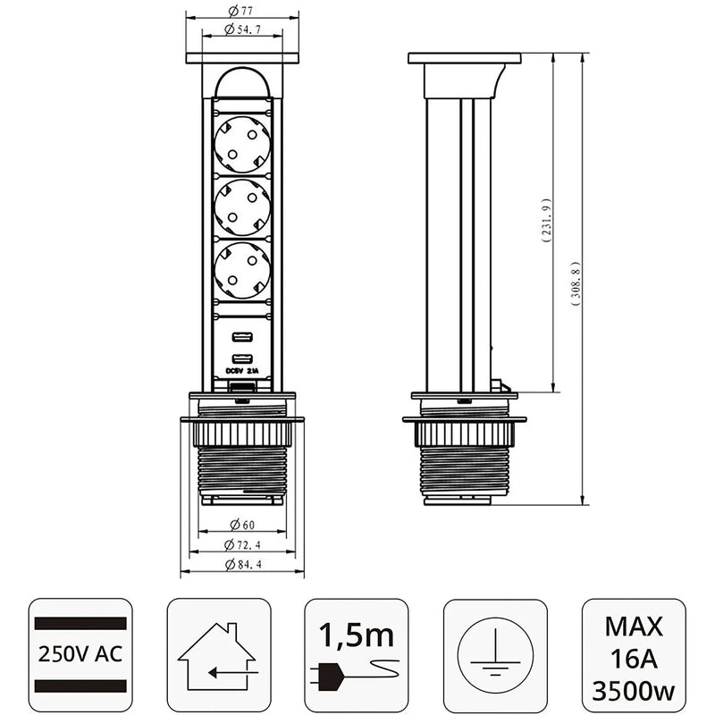 ELBE® Inno versenkbare, wassergeschützte Tischsteckdose, 2 x USB aus Metall - EL1053WU