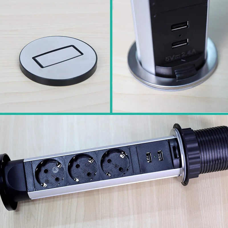 ELBE® Inno versenkbare, wassergeschützte Tischsteckdose, 2 x USB aus Metall - EL1053WU