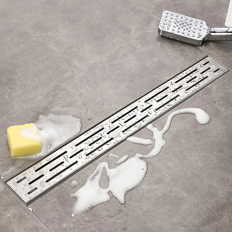 ELBE® Duschrinne Edelstahl, 3-reihiger Schlitz, mit Siphon und Haarsieb, Geruchsstop, flach, Komplettset mit Bodenbefestigung