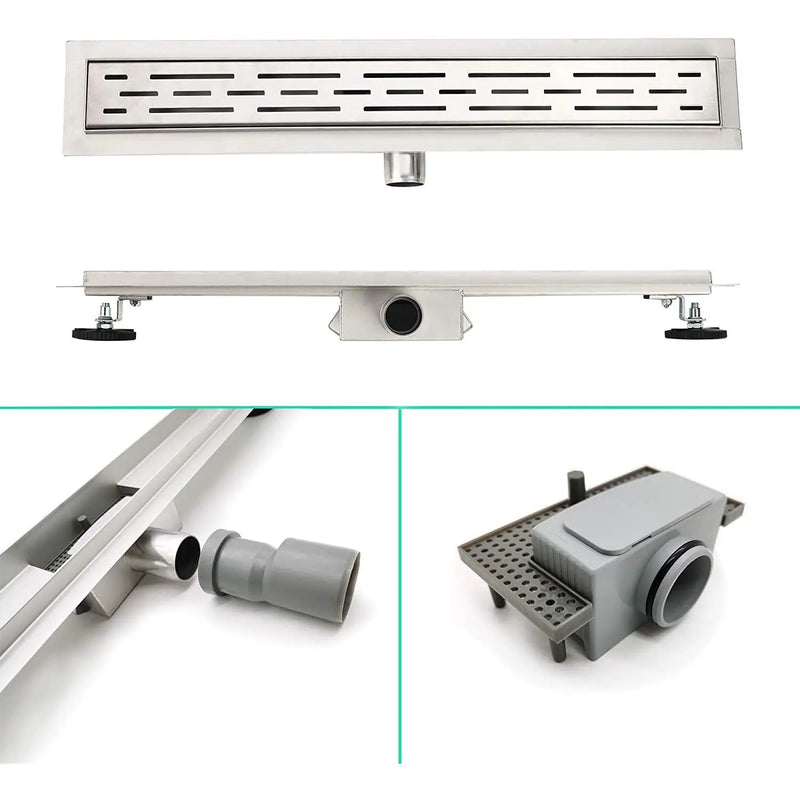 ELBE® Duschrinne Edelstahl, 3-reihiger Schlitz, mit Siphon und Haarsieb, Geruchsstop, flach, Komplettset mit Bodenbefestigung