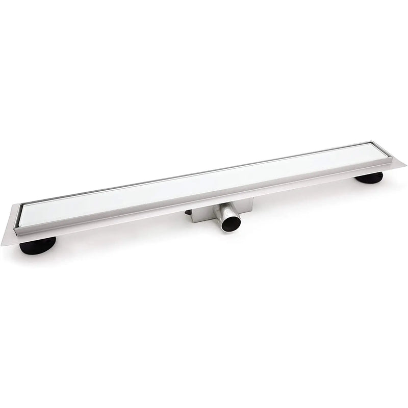 ELBE® Duschrinne Edelstahl, Weißglass, mit Siphon und Haarsieb, Geruchsstop, Bodenablauf flach, Komplettset mit Bodenbefestigung